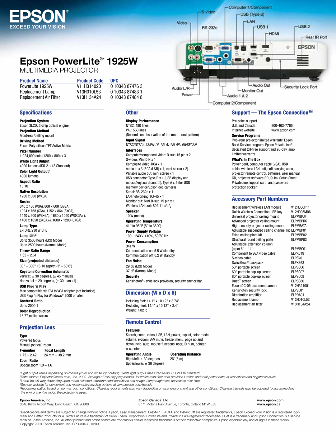 Epson specifications Epson PowerLite 1925W, Multimedia Projector, Specifications, Other, Dimension W x D x H 