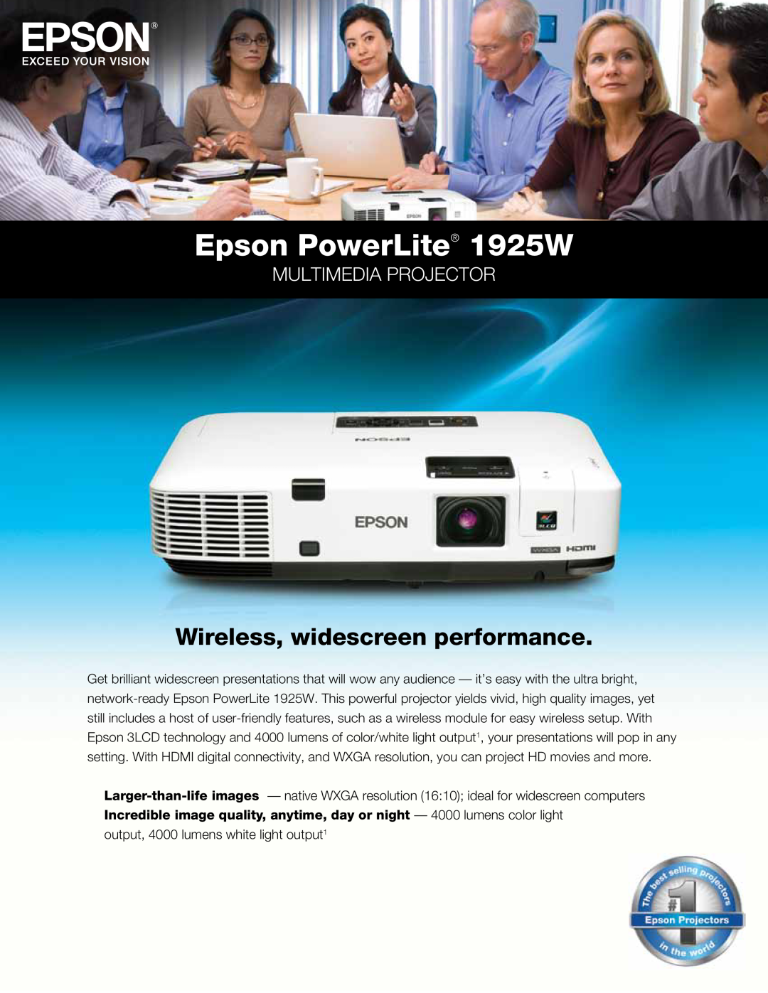 Epson specifications Epson PowerLite 1925W, Wireless, widescreen performance, Multimedia Projector 