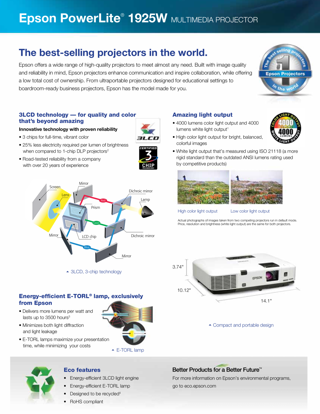 Epson Epson PowerLite 1925W MULTIMEDIA PROJECTOR, The best-selling projectors in the world, Eco features, E-TORL lamp 