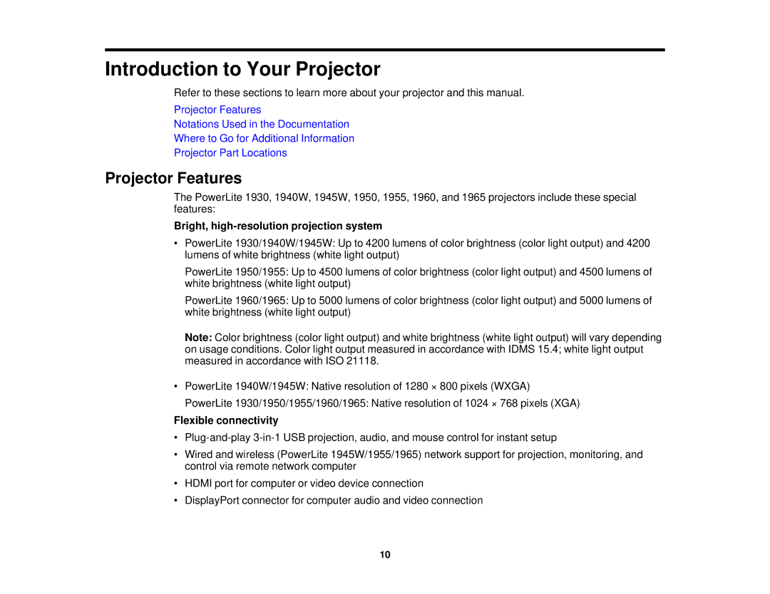 Epson 1930 manual Projector Features, Bright, high-resolution projection system, Flexible connectivity 