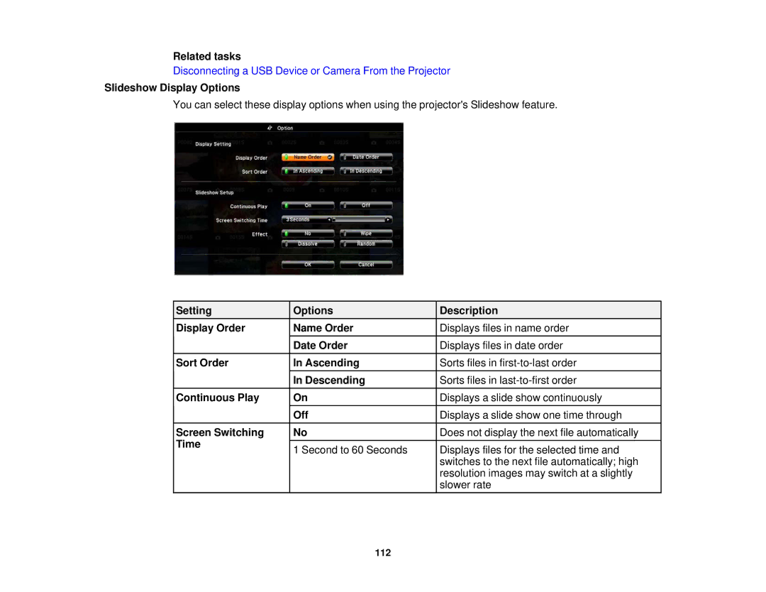 Epson 1930 Slideshow Display Options, Setting Options Description Display Order Name Order, Date Order, Descending, Time 