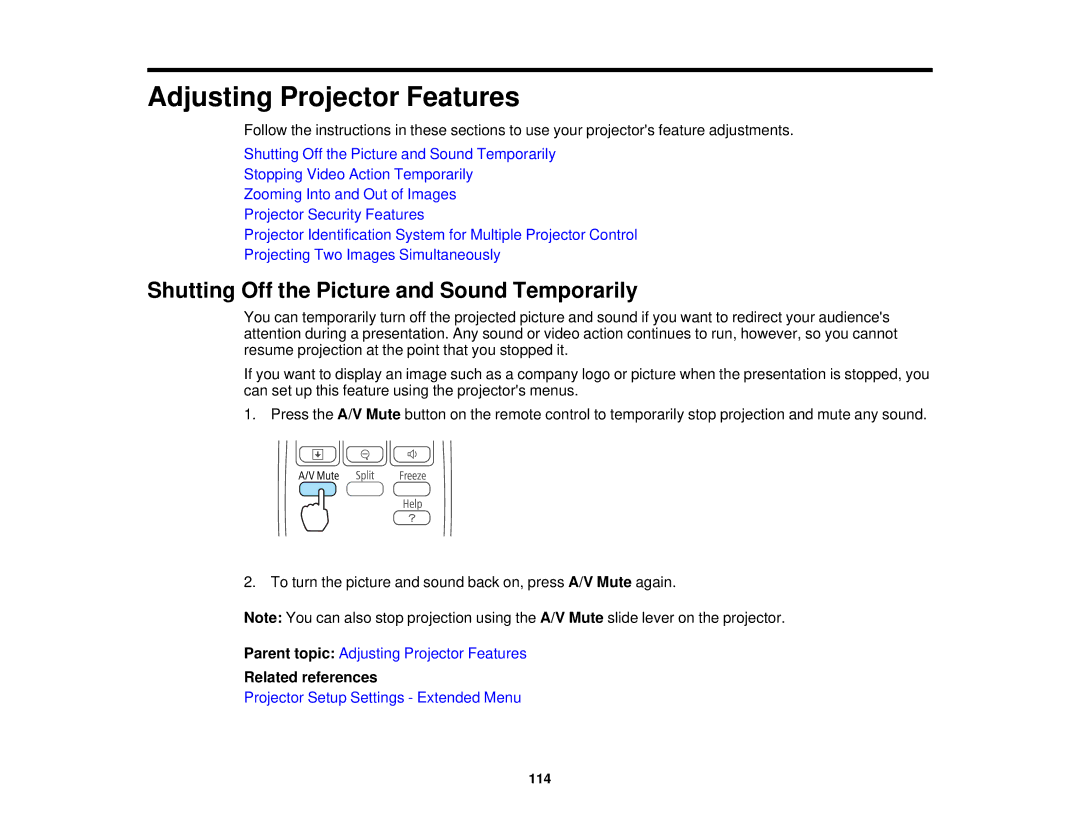 Epson 1930 manual Adjusting Projector Features, Shutting Off the Picture and Sound Temporarily 