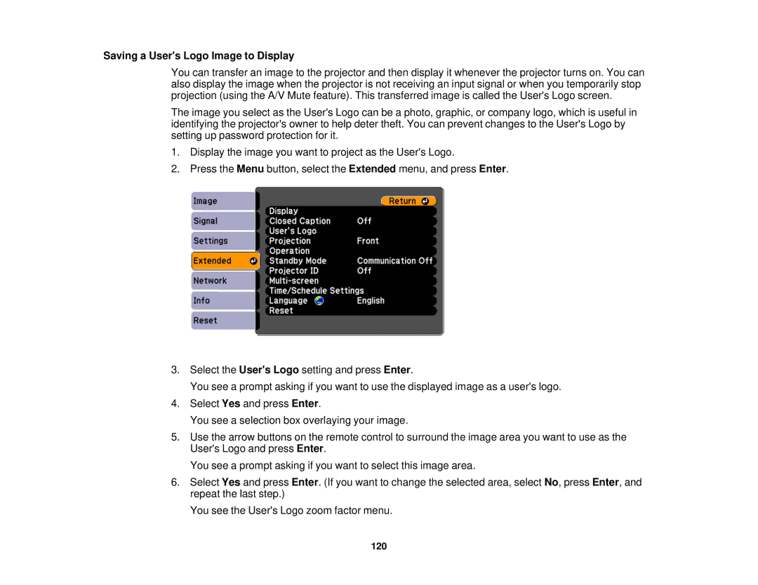 Epson 1930 manual Saving a Users Logo Image to Display 