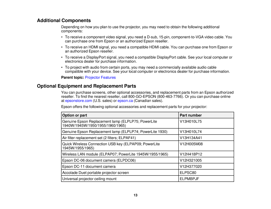 Epson 1930 manual Additional Components, Optional Equipment and Replacement Parts, Option or part Part number 