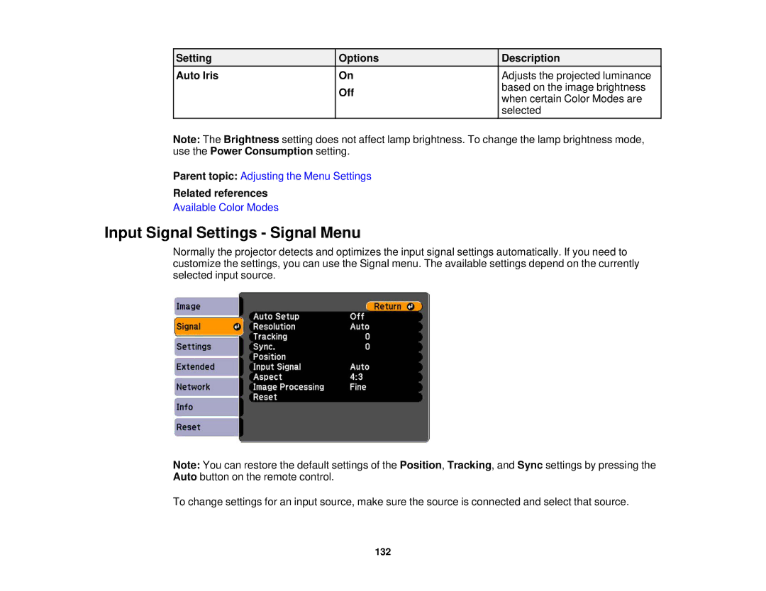 Epson 1930 manual Input Signal Settings Signal Menu, Related references 