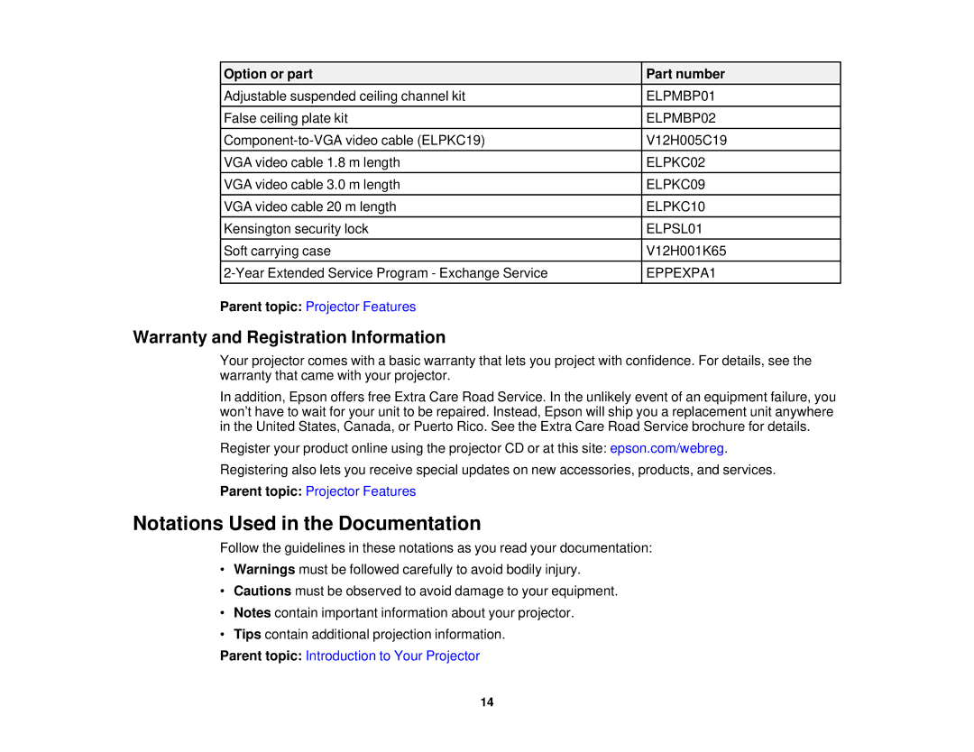 Epson 1930 manual Notations Used in the Documentation, Warranty and Registration Information 