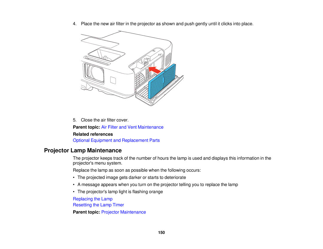 Epson 1930 manual Projector Lamp Maintenance, Related references 