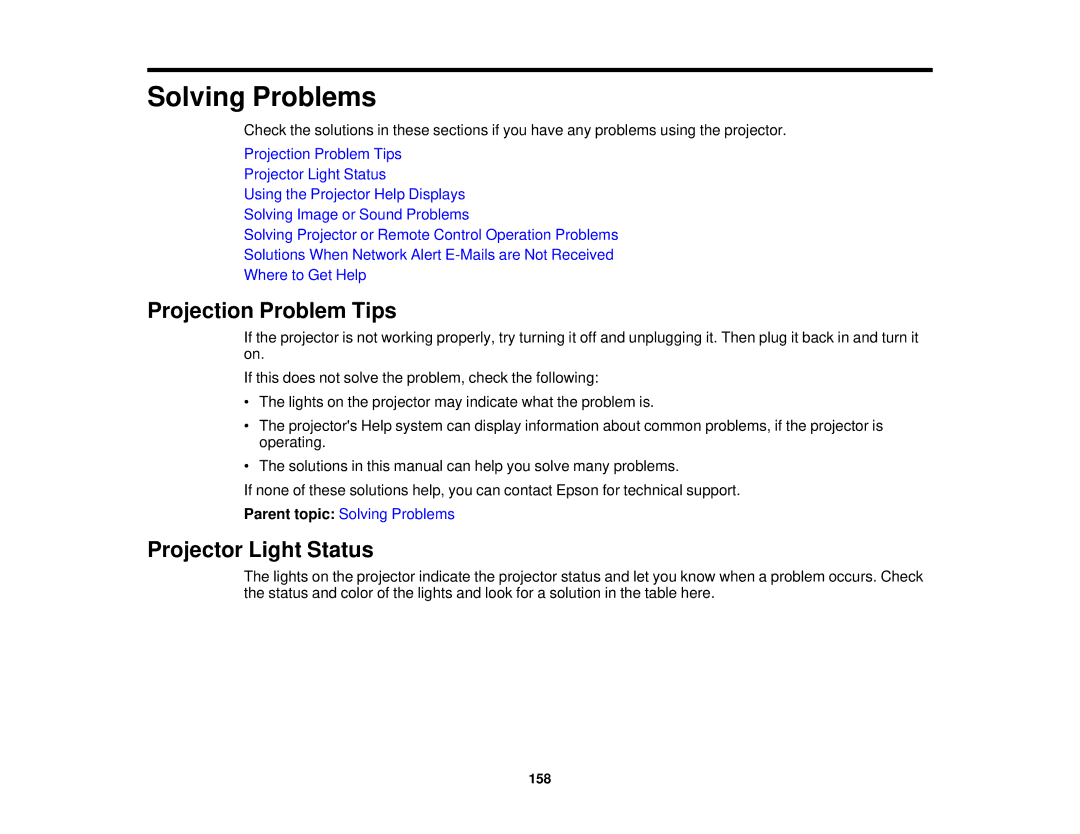 Epson 1930 manual Projection Problem Tips, Projector Light Status 