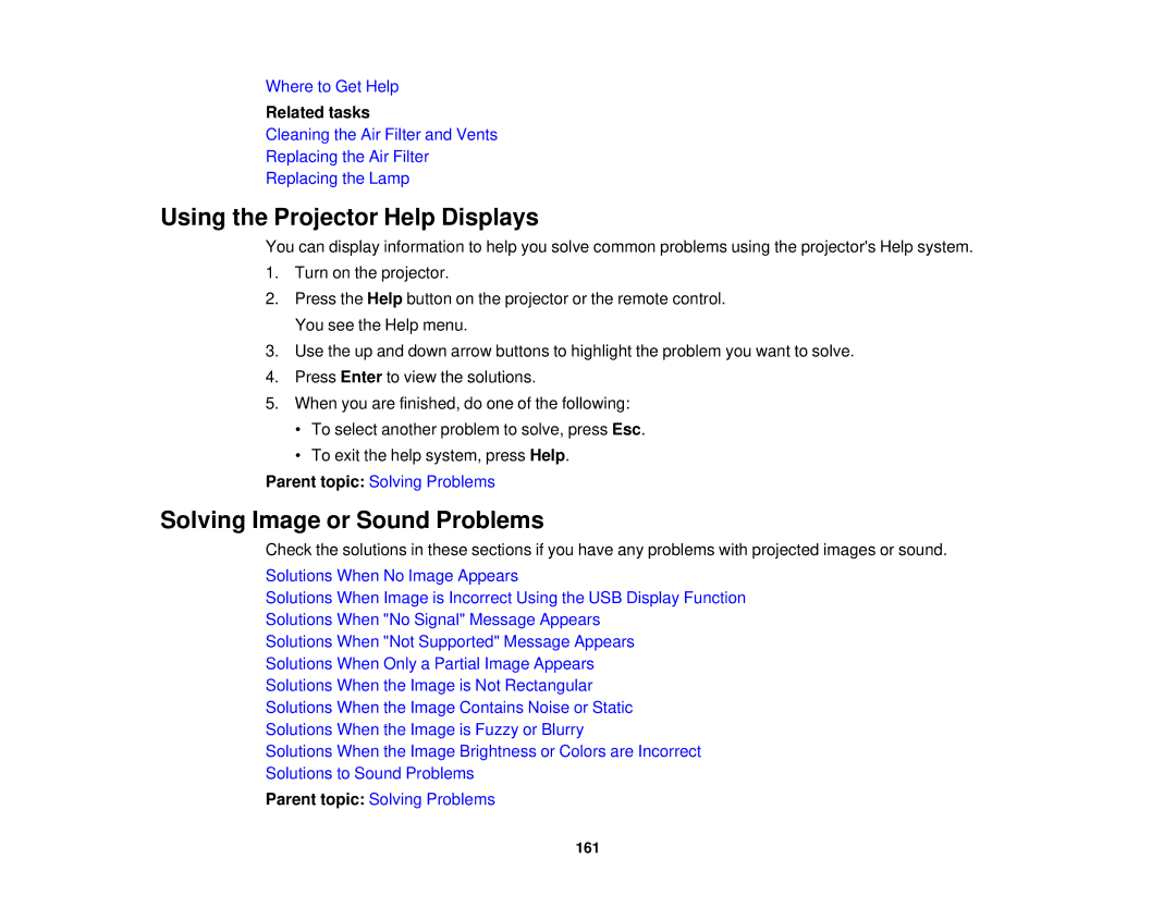 Epson 1930 manual Using the Projector Help Displays, Solving Image or Sound Problems 