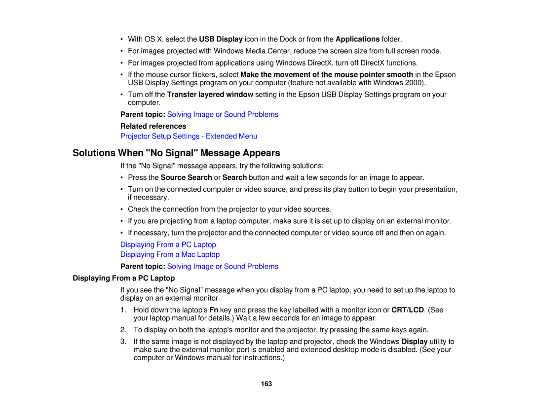 Epson 1930 manual Solutions When No Signal Message Appears, Displaying From a PC Laptop 