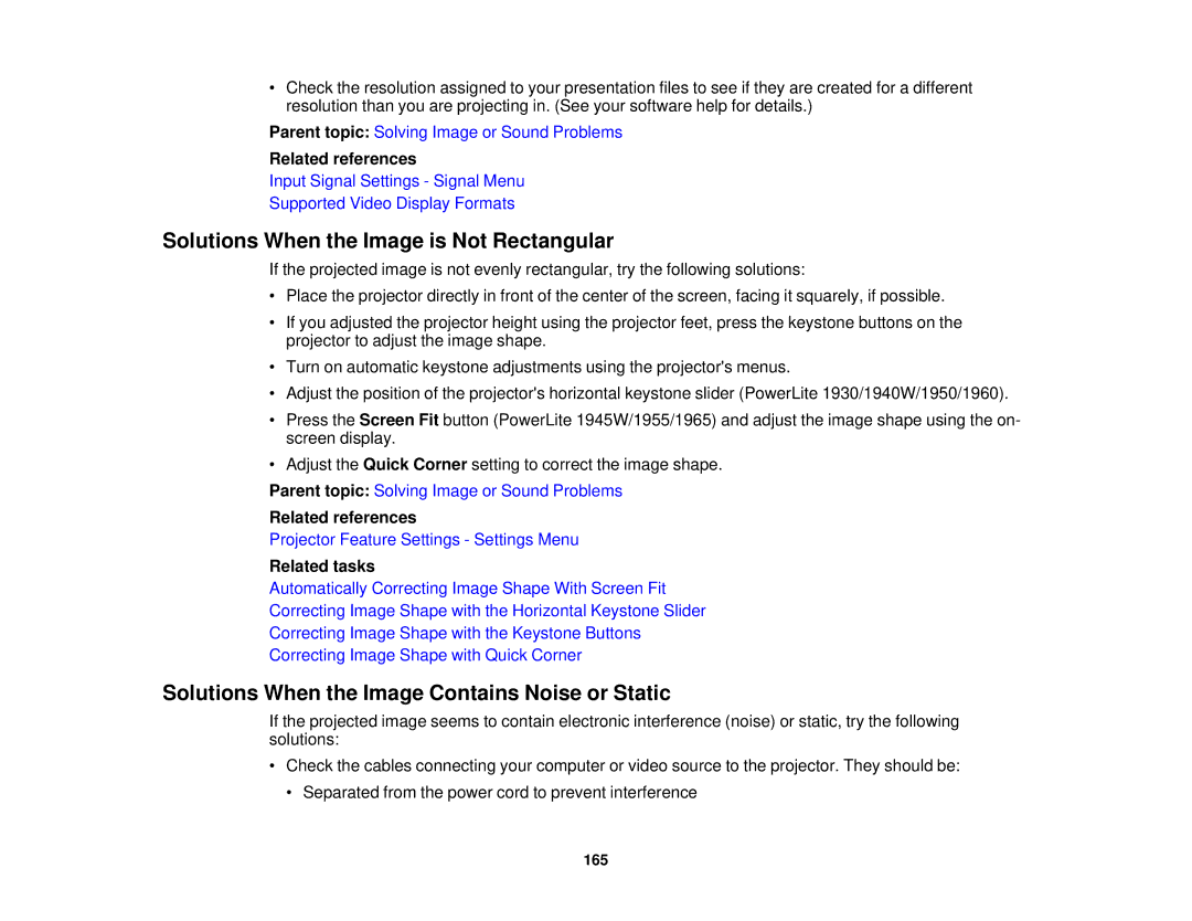 Epson 1930 manual Solutions When the Image is Not Rectangular, Solutions When the Image Contains Noise or Static 