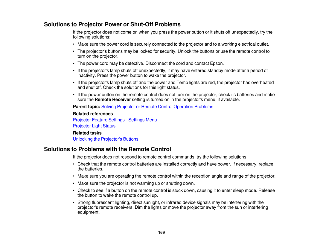 Epson 1930 manual Solutions to Projector Power or Shut-Off Problems, Solutions to Problems with the Remote Control 