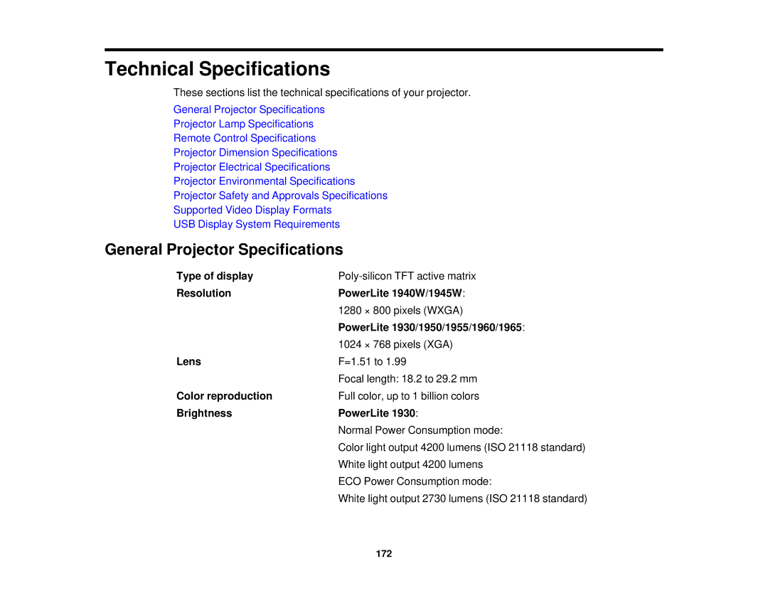 Epson 1930 manual General Projector Specifications 