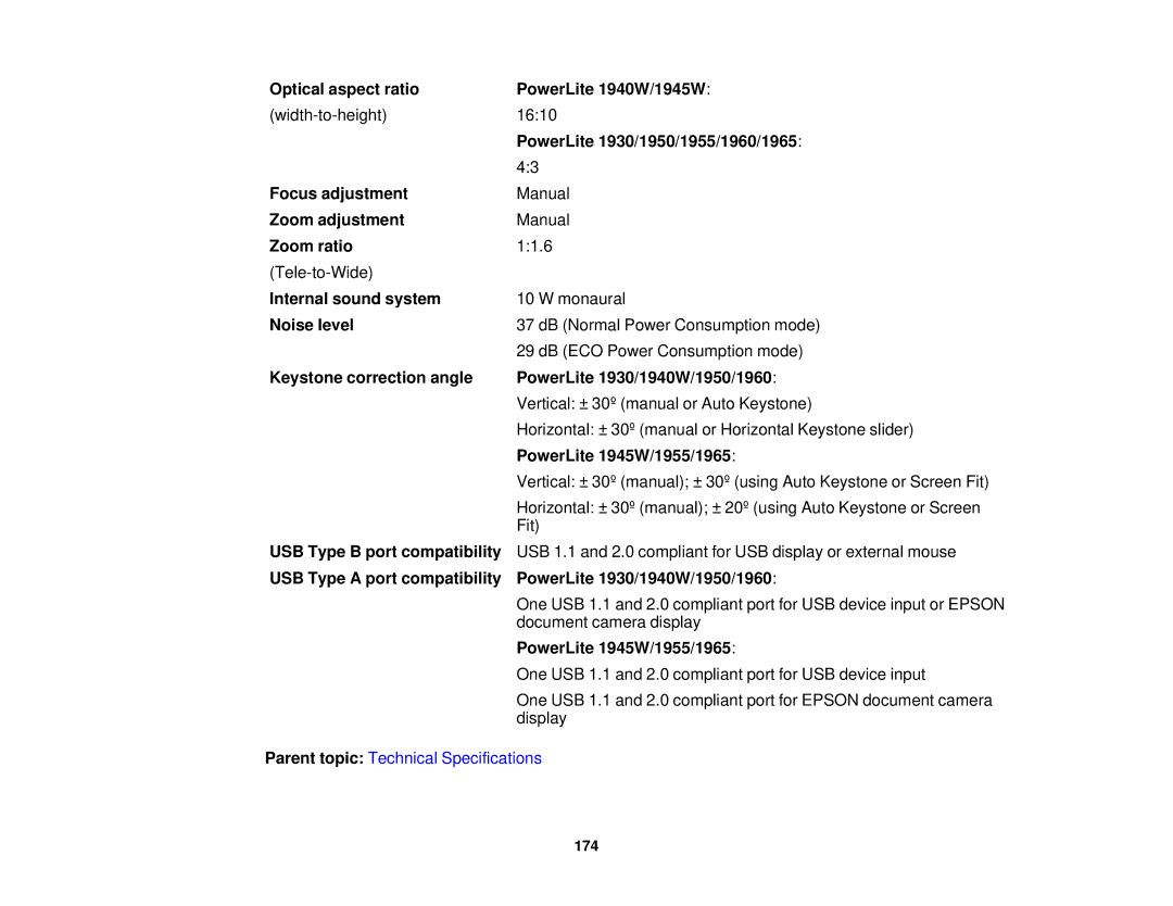 Epson 1930 manual Optical aspect ratio, Focus adjustment Zoom adjustment Zoom ratio 