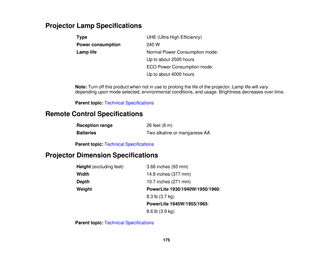 Epson 1930 manual Projector Lamp Specifications, Remote Control Specifications, Projector Dimension Specifications 