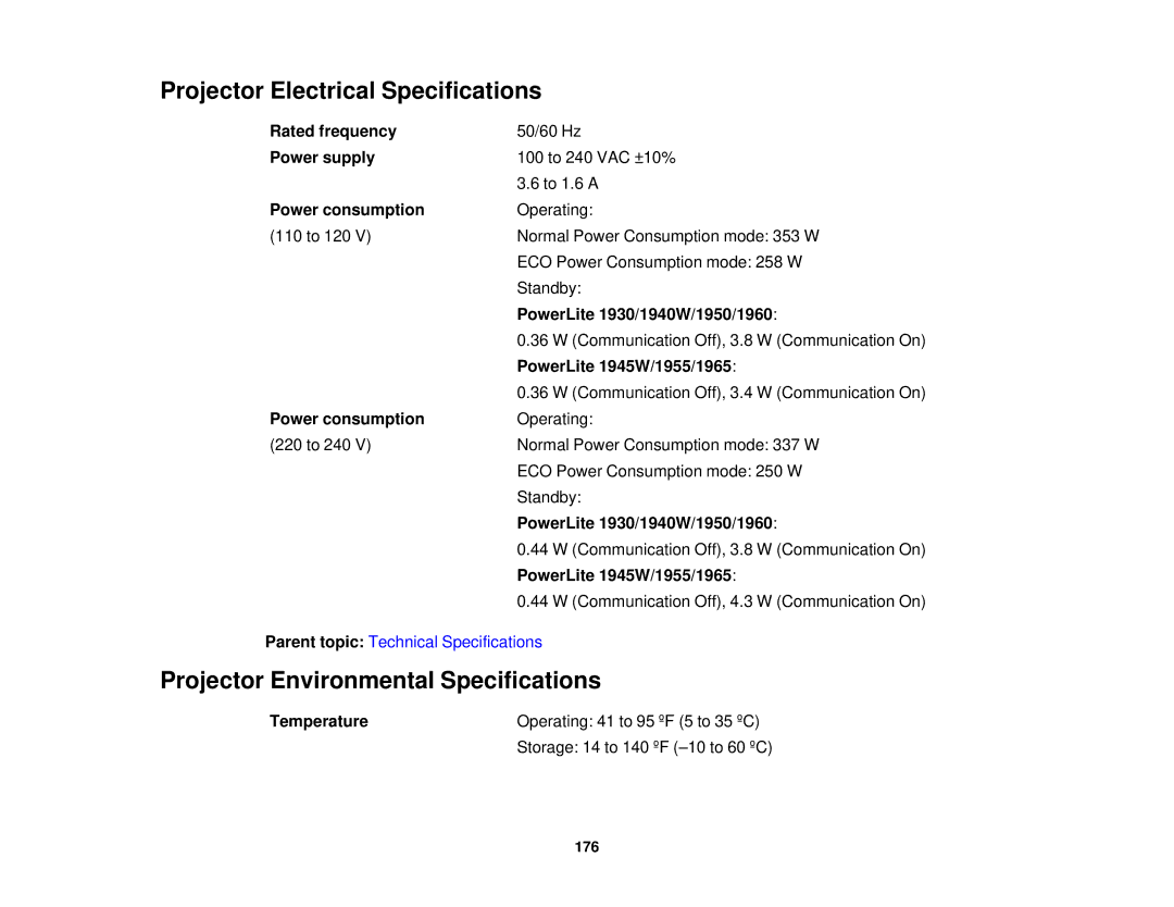 Epson 1930 Projector Electrical Specifications, Projector Environmental Specifications, Rated frequency, Power supply 