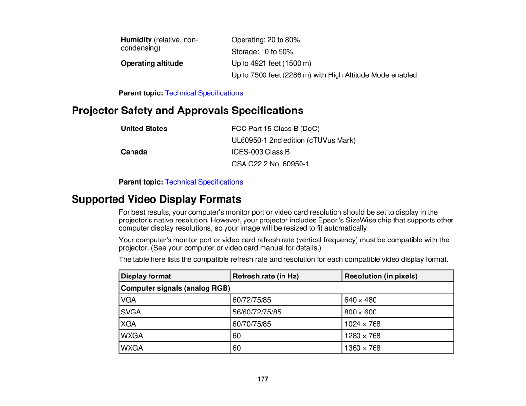 Epson 1930 manual Projector Safety and Approvals Specifications, Supported Video Display Formats 