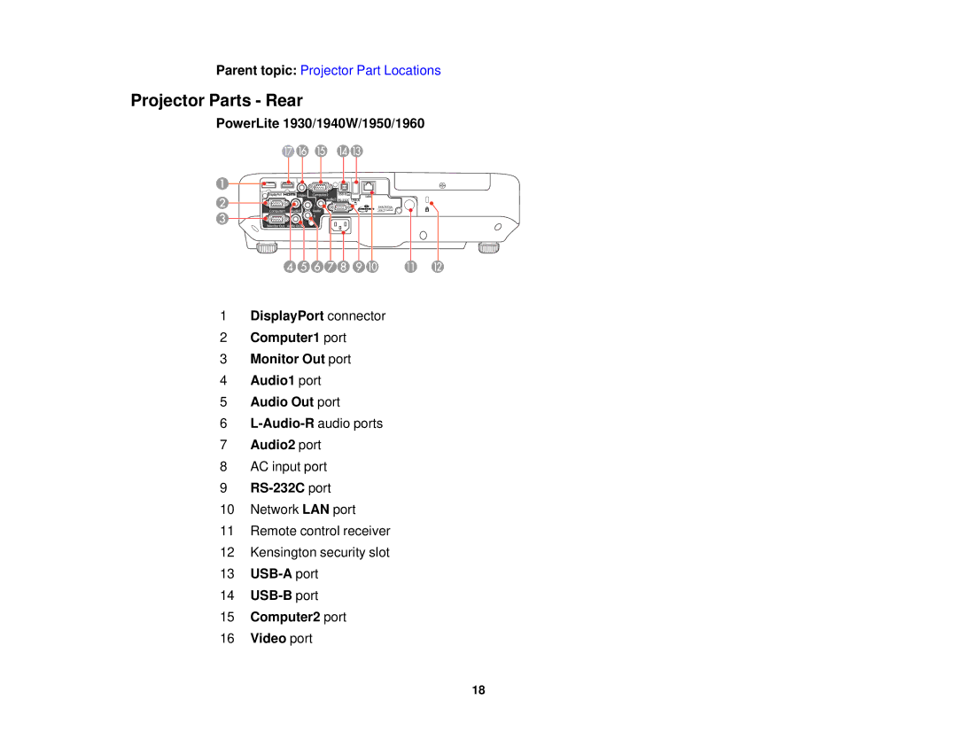 Epson 1930 manual Projector Parts Rear, Audio2 port, RS-232C port, USB-A port USB-B port Computer2 port Video port 