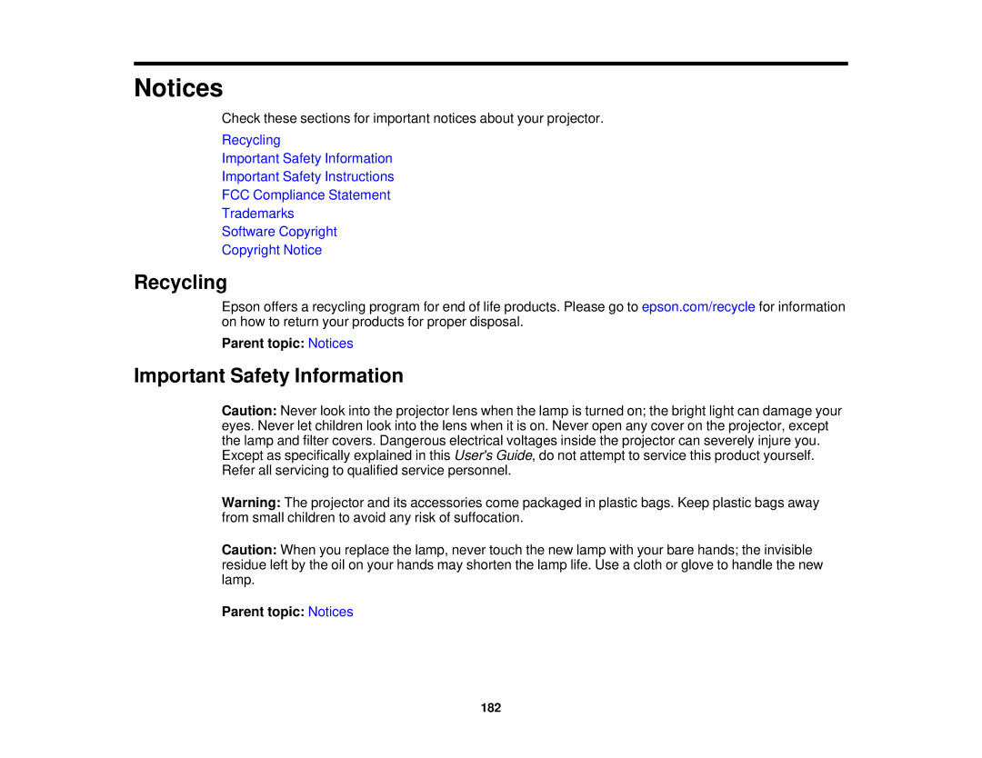 Epson 1930 manual Recycling, Important Safety Information, Parent topic Notices 