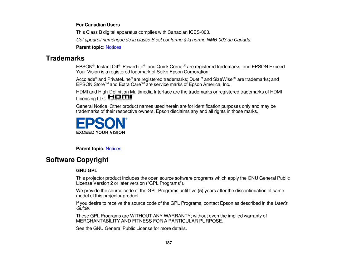 Epson 1930 manual Trademarks, Software Copyright, For Canadian Users, Gnu Gpl 