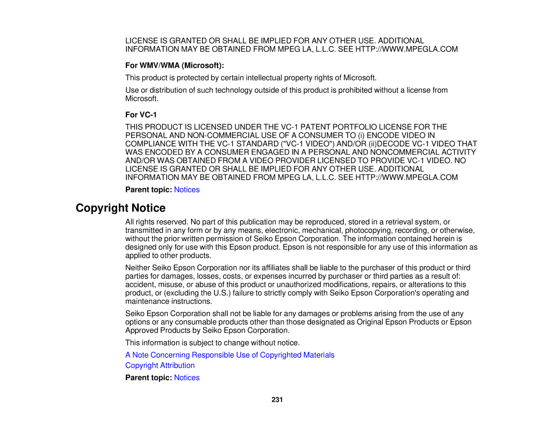 Epson 1930 manual Copyright Notice, For WMV/WMA Microsoft, For VC-1 Parent topic Notices 