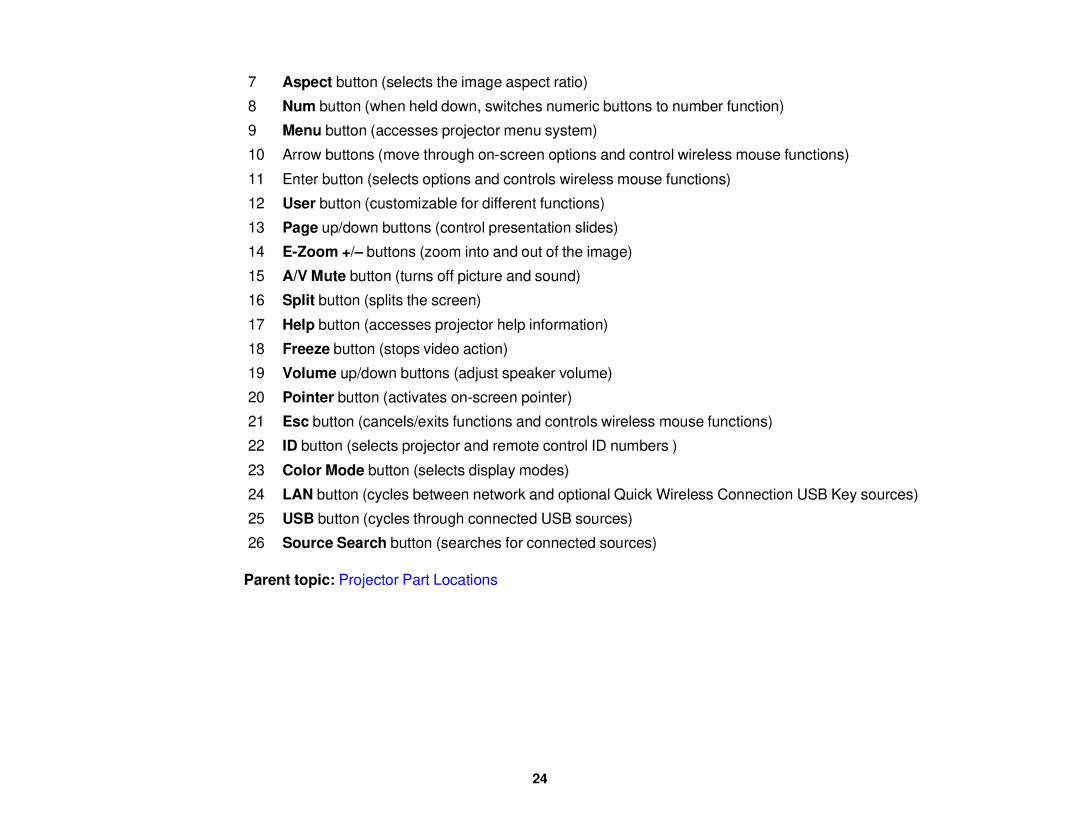 Epson 1930 manual Parent topic Projector Part Locations 