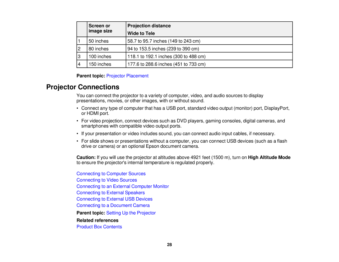 Epson 1930 manual Projector Connections, Screen or Projection distance Image size Wide to Tele 