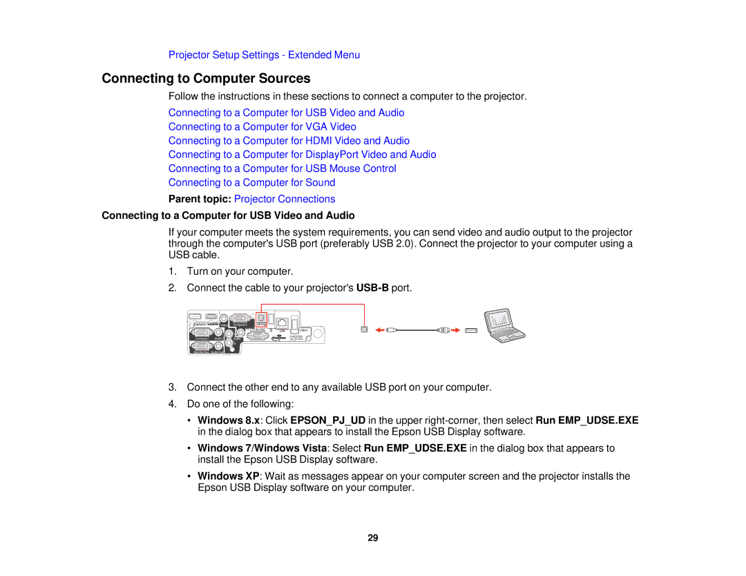 Epson 1930 manual Connecting to Computer Sources, Connecting to a Computer for USB Video and Audio 