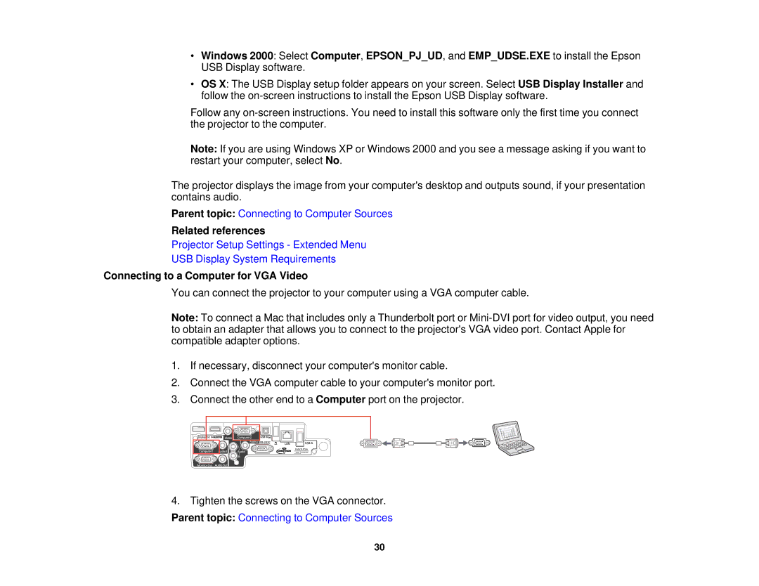 Epson 1930 manual Connecting to a Computer for VGA Video 