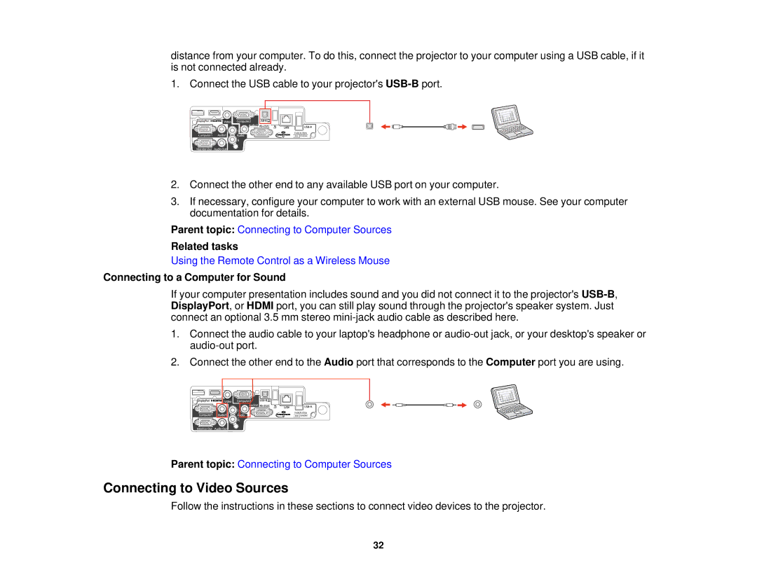 Epson 1930 manual Connecting to Video Sources, Related tasks, Connecting to a Computer for Sound 