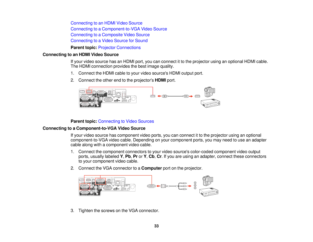 Epson 1930 manual Connecting to an Hdmi Video Source, Connecting to a Component-to-VGA Video Source 