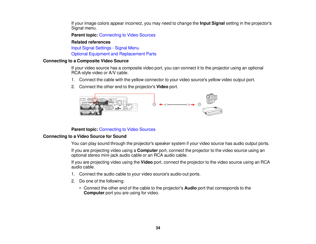 Epson 1930 manual Connecting to a Composite Video Source, Connecting to a Video Source for Sound 