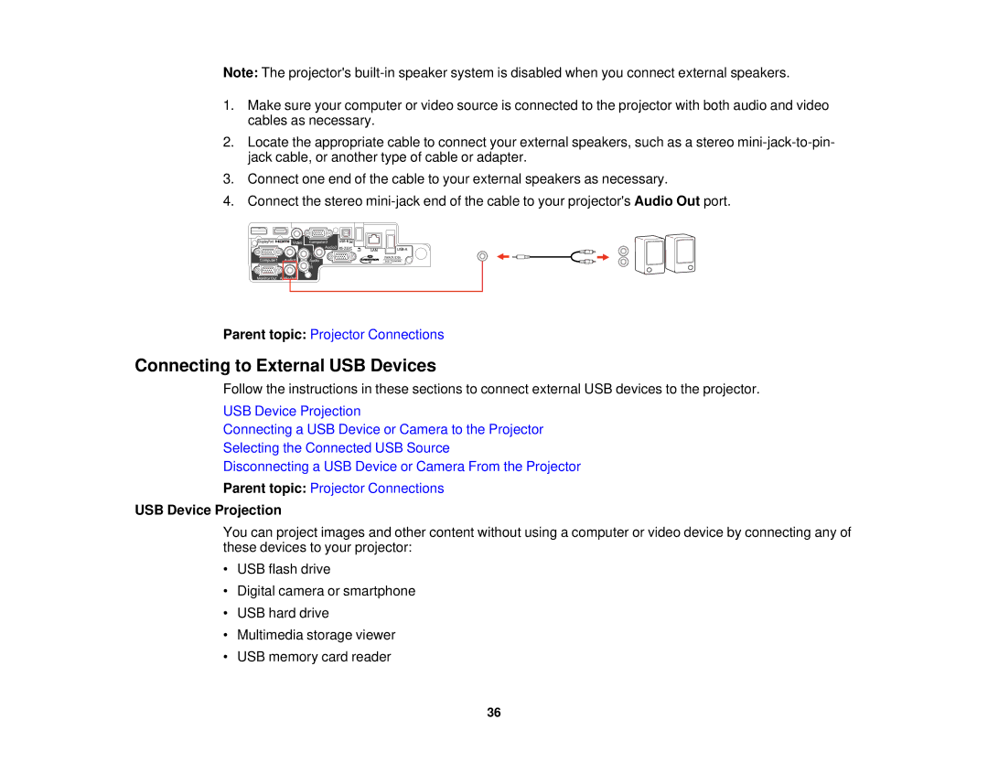 Epson 1930 manual Connecting to External USB Devices, USB Device Projection 