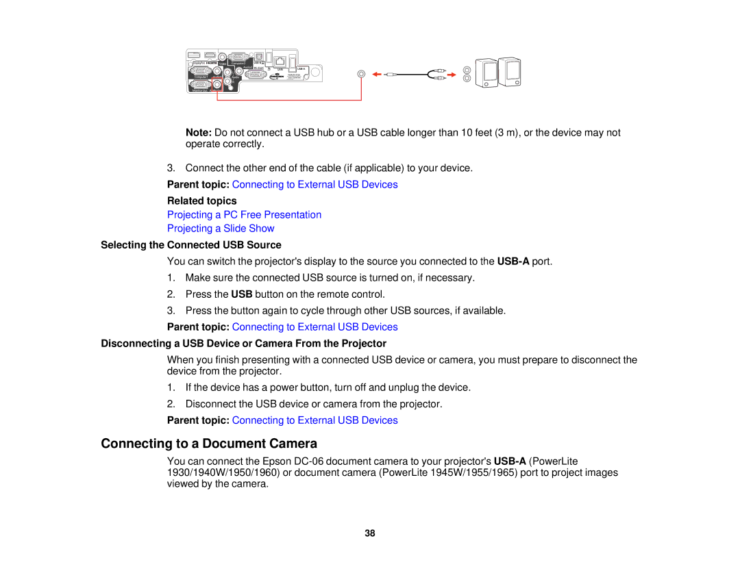 Epson 1930 manual Connecting to a Document Camera, Selecting the Connected USB Source 