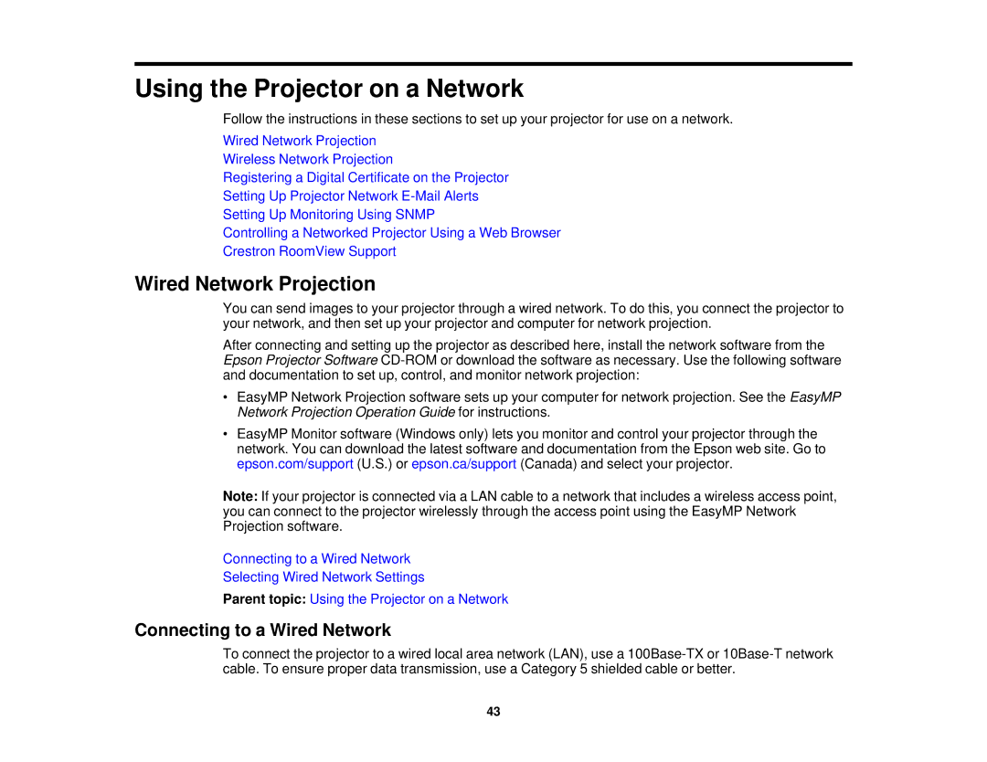 Epson 1930 manual Wired Network Projection, Connecting to a Wired Network 