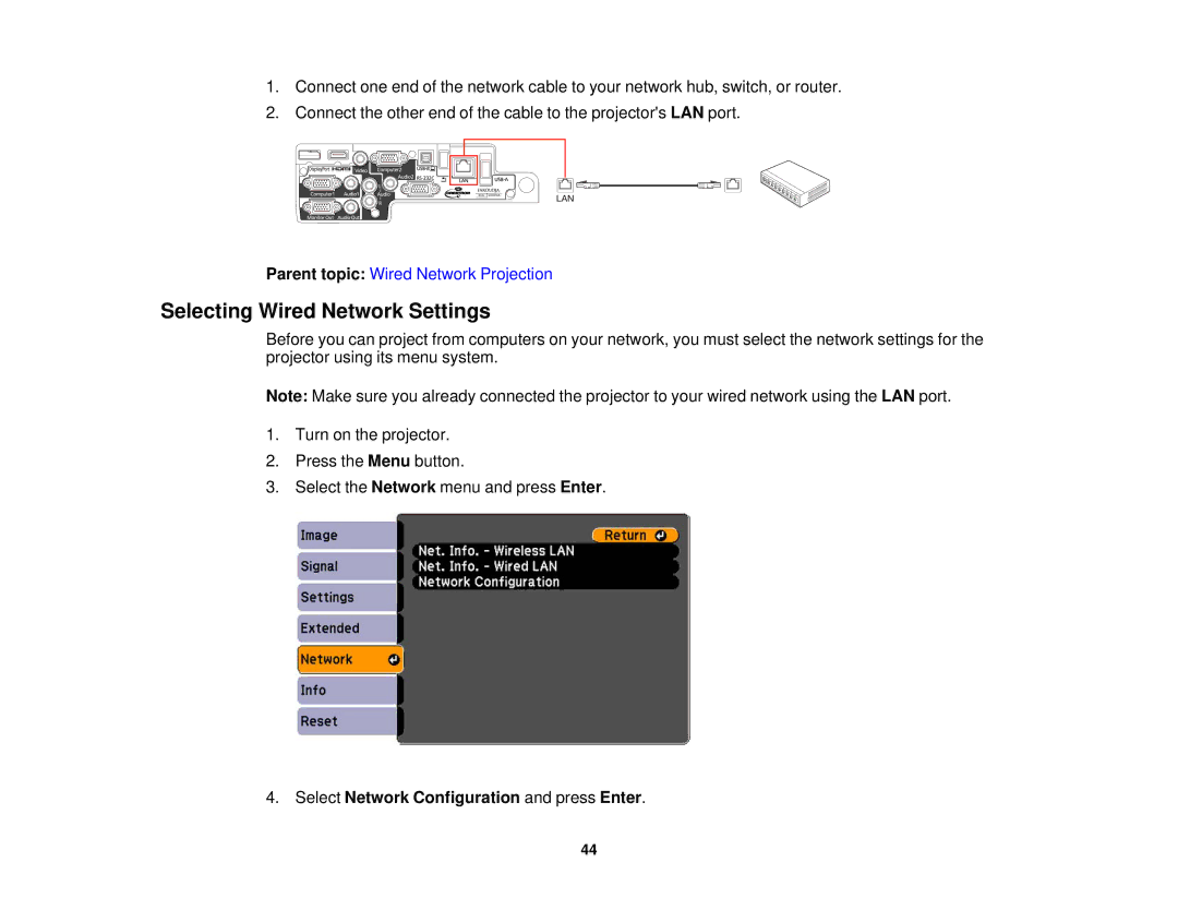 Epson 1930 manual Selecting Wired Network Settings, Select Network Configuration and press Enter 