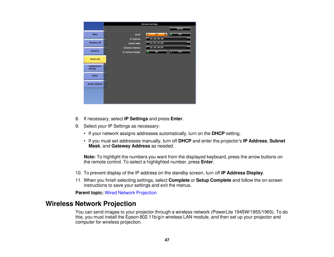 Epson 1930 manual Wireless Network Projection 