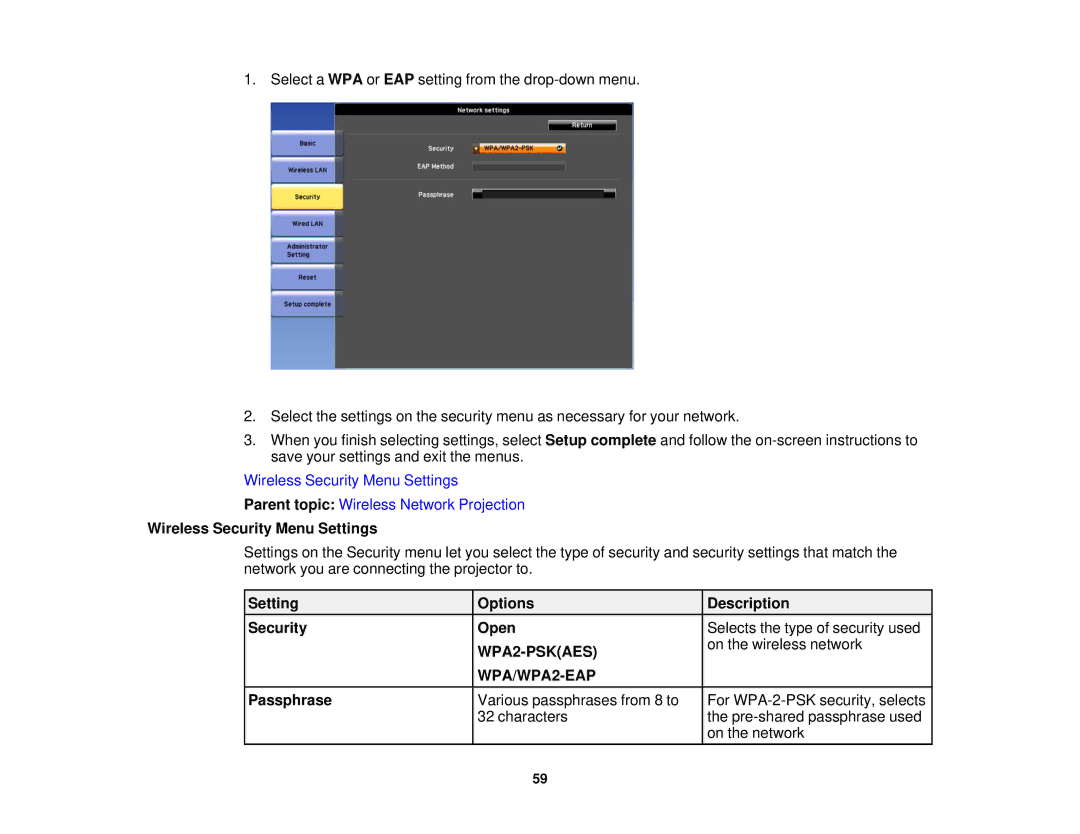 Epson 1930 manual Wireless Security Menu Settings, Setting Options Description Security Open, WPA2-PSKAES, WPA/WPA2-EAP 