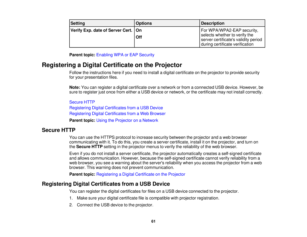 Epson 1930 manual Registering a Digital Certificate on the Projector, Secure Http, Setting Options Description 