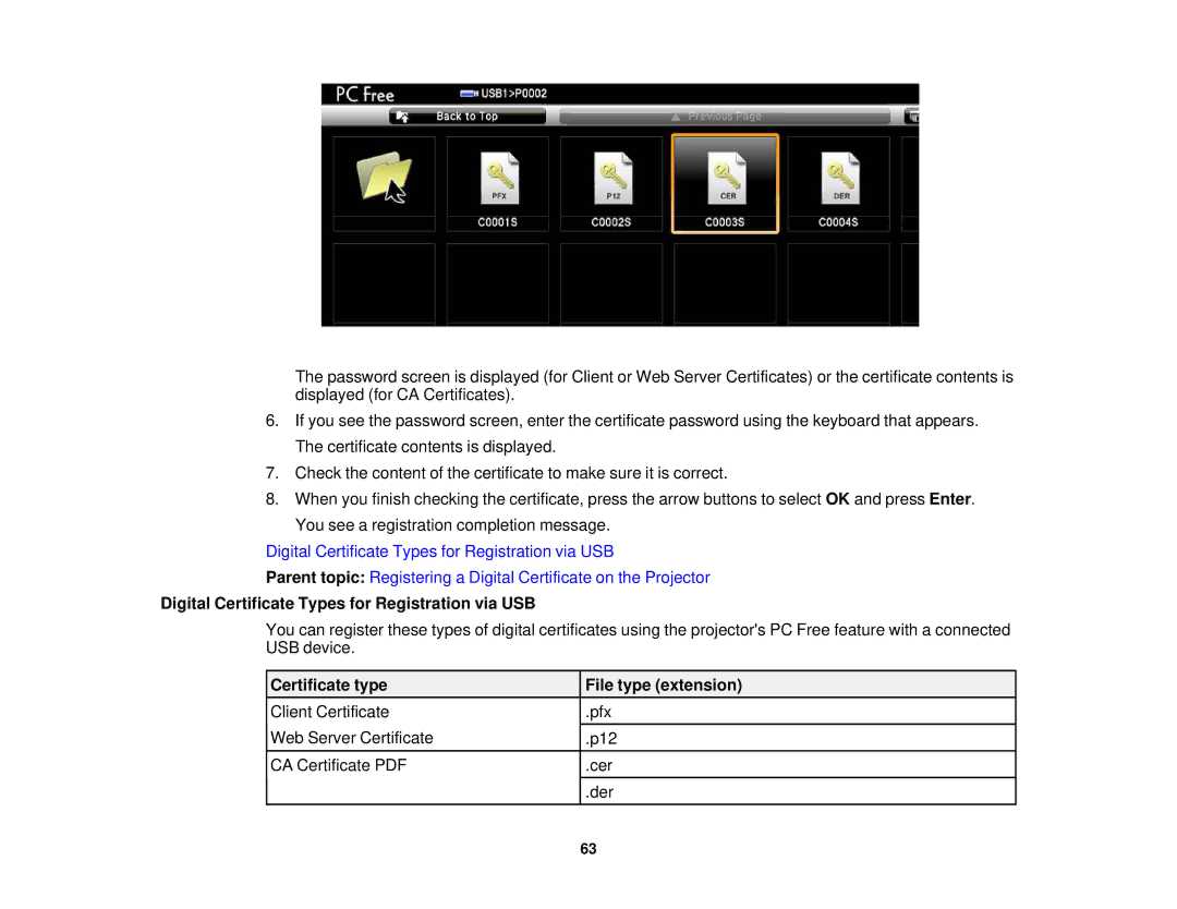 Epson 1930 manual Digital Certificate Types for Registration via USB, Certificate type File type extension 