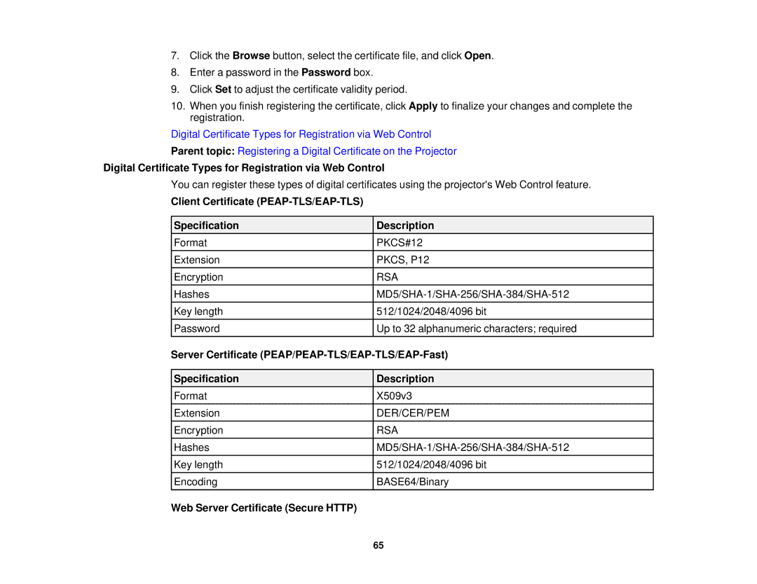 Epson 1930 Digital Certificate Types for Registration via Web Control, Server Certificate PEAP/PEAP-TLS/EAP-TLS/EAP-Fast 