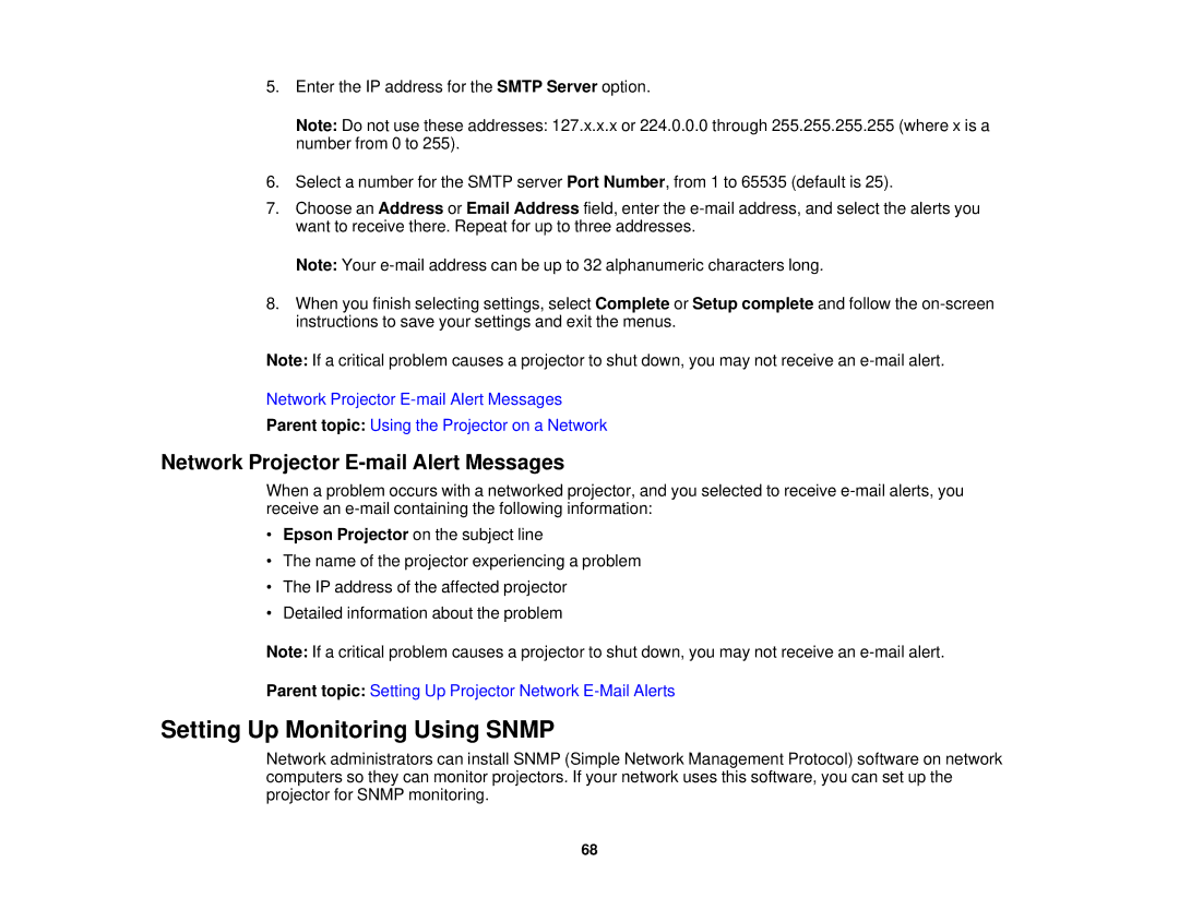 Epson 1930 manual Setting Up Monitoring Using Snmp, Network Projector E-mail Alert Messages 