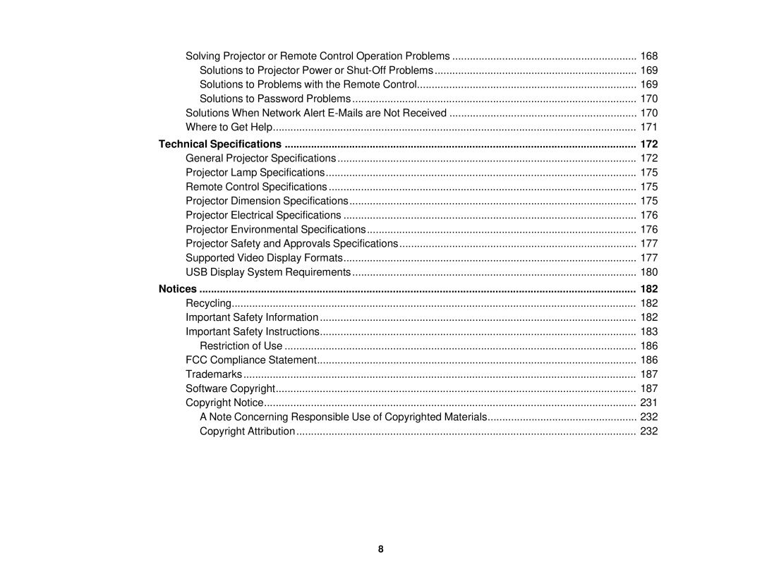 Epson 1930 manual Technical Specifications 172, 182 