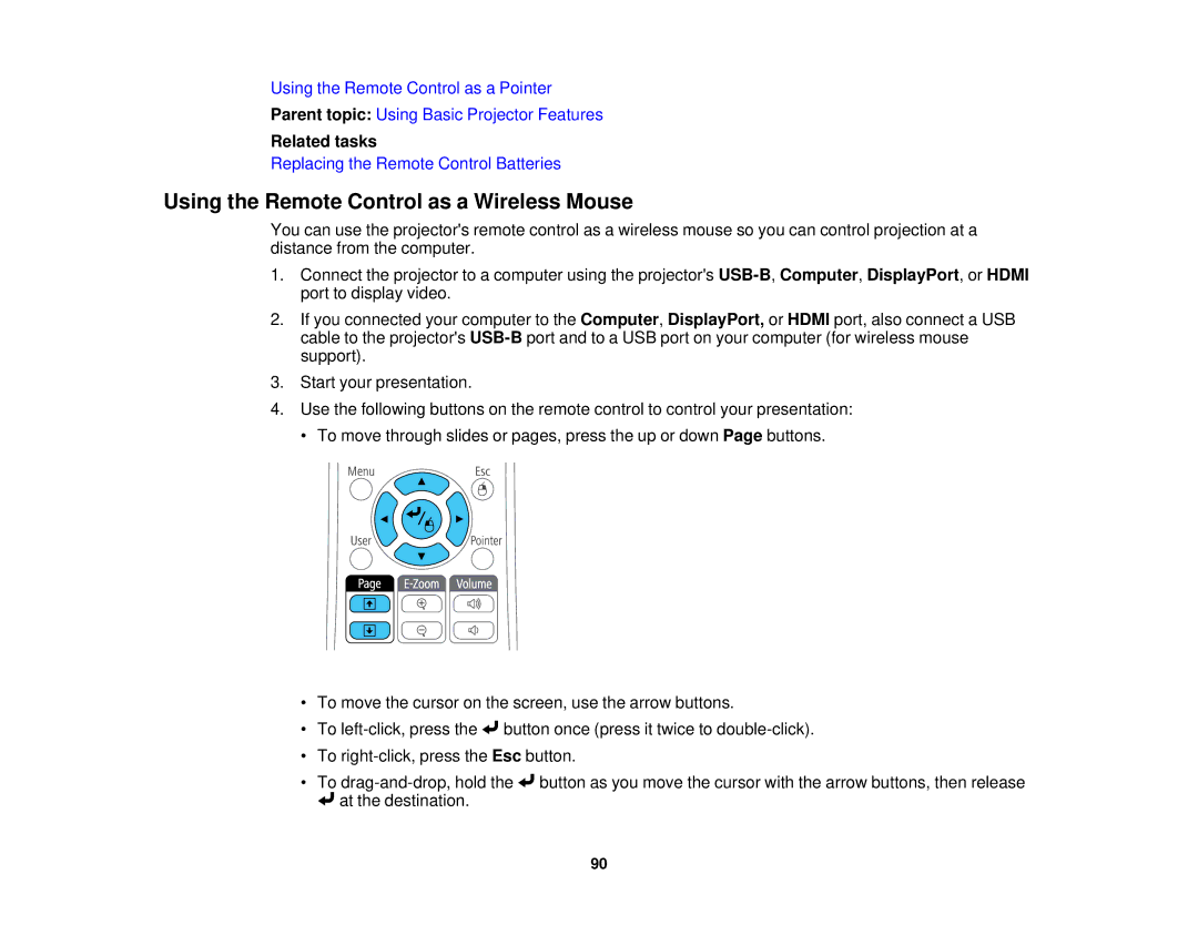 Epson 1930 manual Using the Remote Control as a Wireless Mouse, Related tasks 