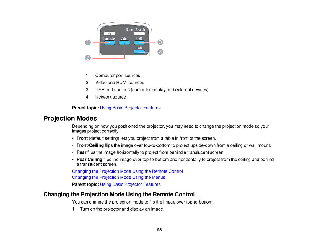 Epson 1930 manual Projection Modes, Changing the Projection Mode Using the Remote Control 