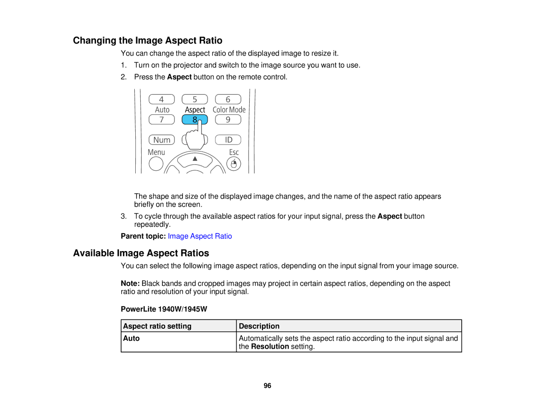 Epson 1930 manual Changing the Image Aspect Ratio, Available Image Aspect Ratios 