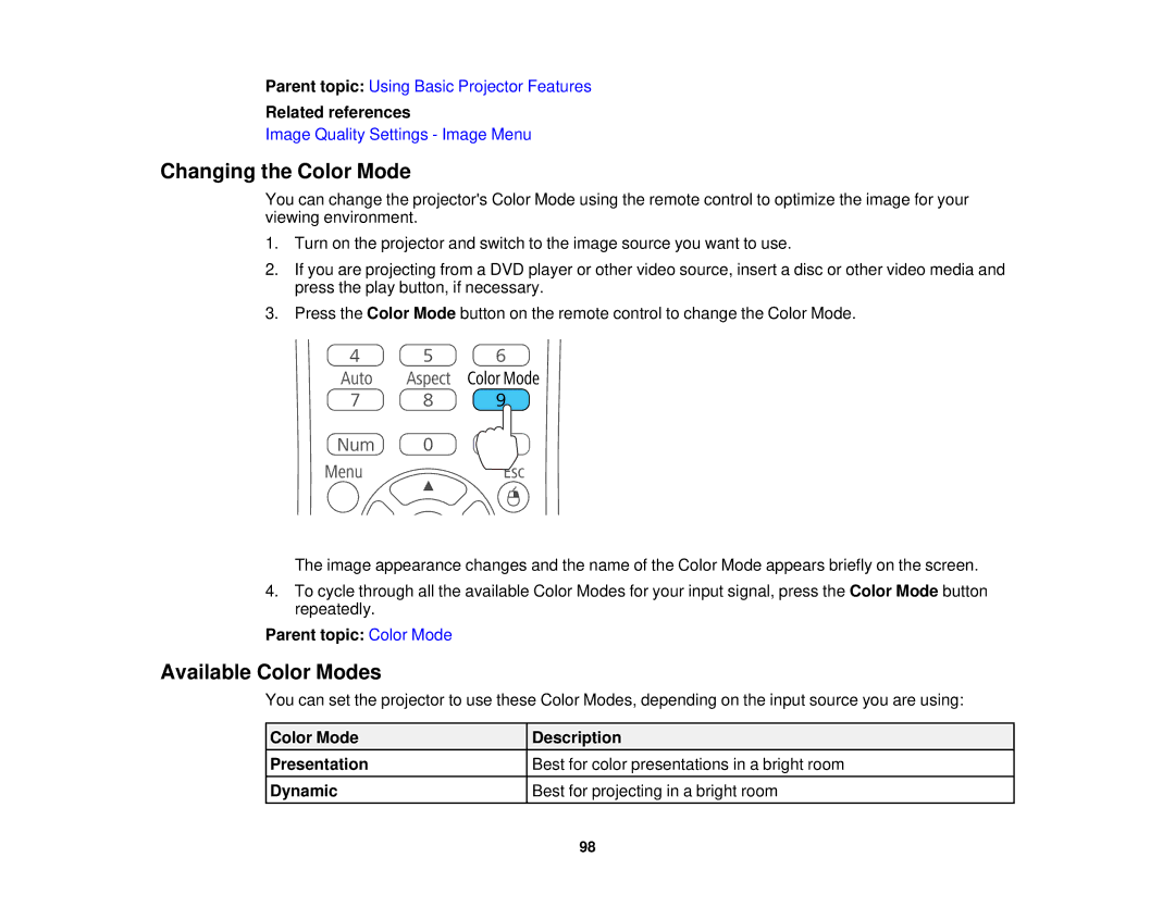 Epson 1930 manual Changing the Color Mode, Available Color Modes, Parent topic Color Mode 