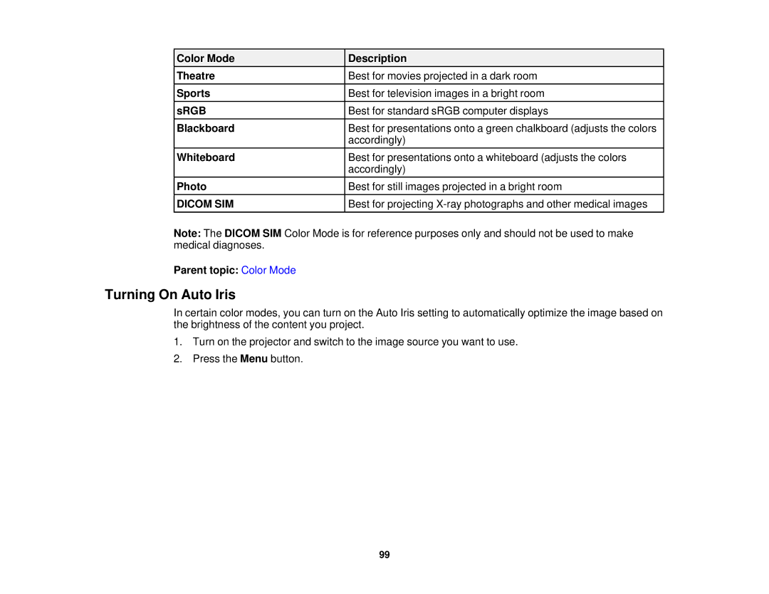 Epson 1930 manual Turning On Auto Iris, Dicom SIM 