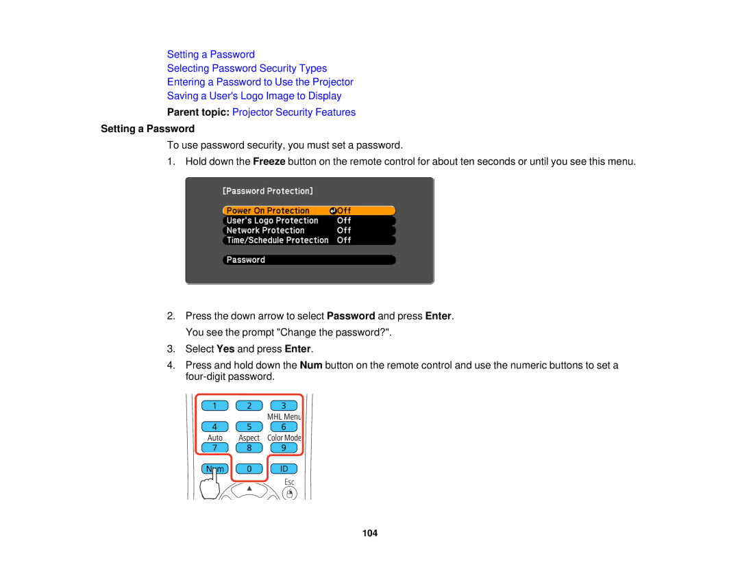 Epson 1970W, 1985WU, 1975W, 1980MWU manual Setting a Password 