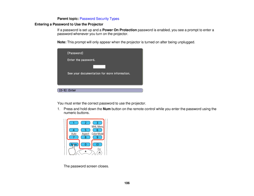 Epson 1975W, 1970W, 1985WU, 1980MWU manual Entering a Password to Use the Projector 